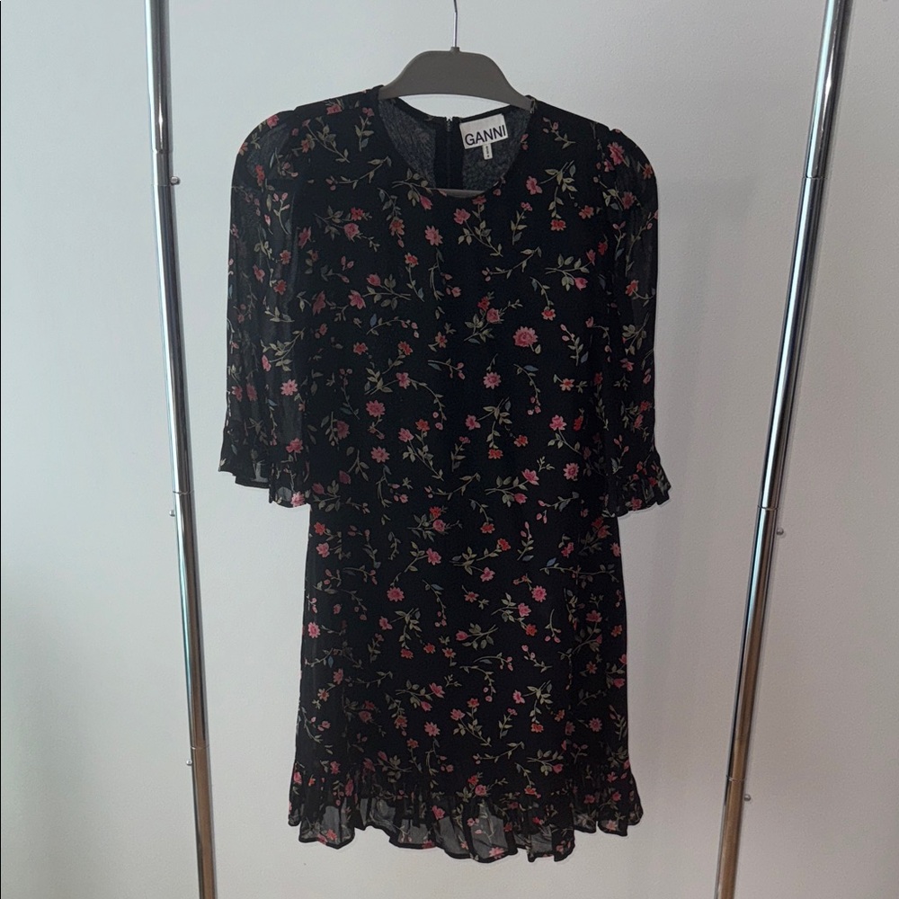 Ganni Black Dress with Pink Floral Design